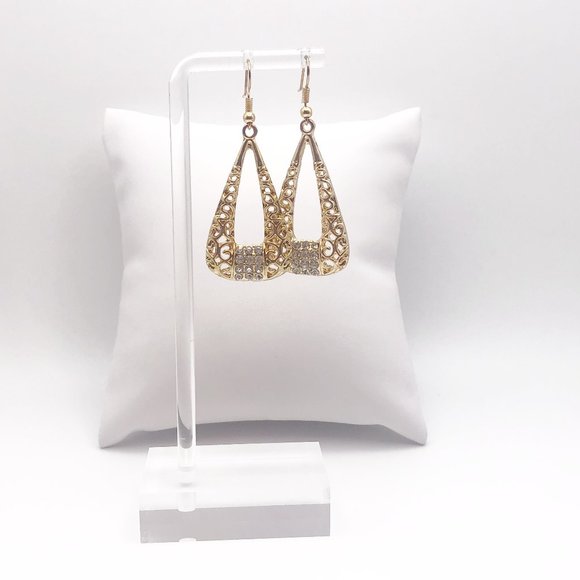 Gold Plated Crystal Filigree Triangle Dangle Drop Earrings - Picture 2 of 3